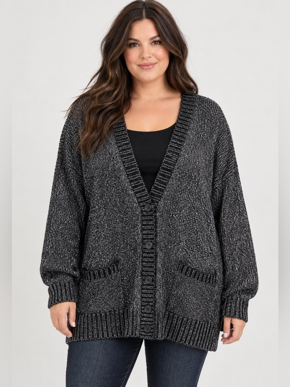 Torrid Black Metallic Shimmer Marled Oversized Cardigan Sweater Plus Size
